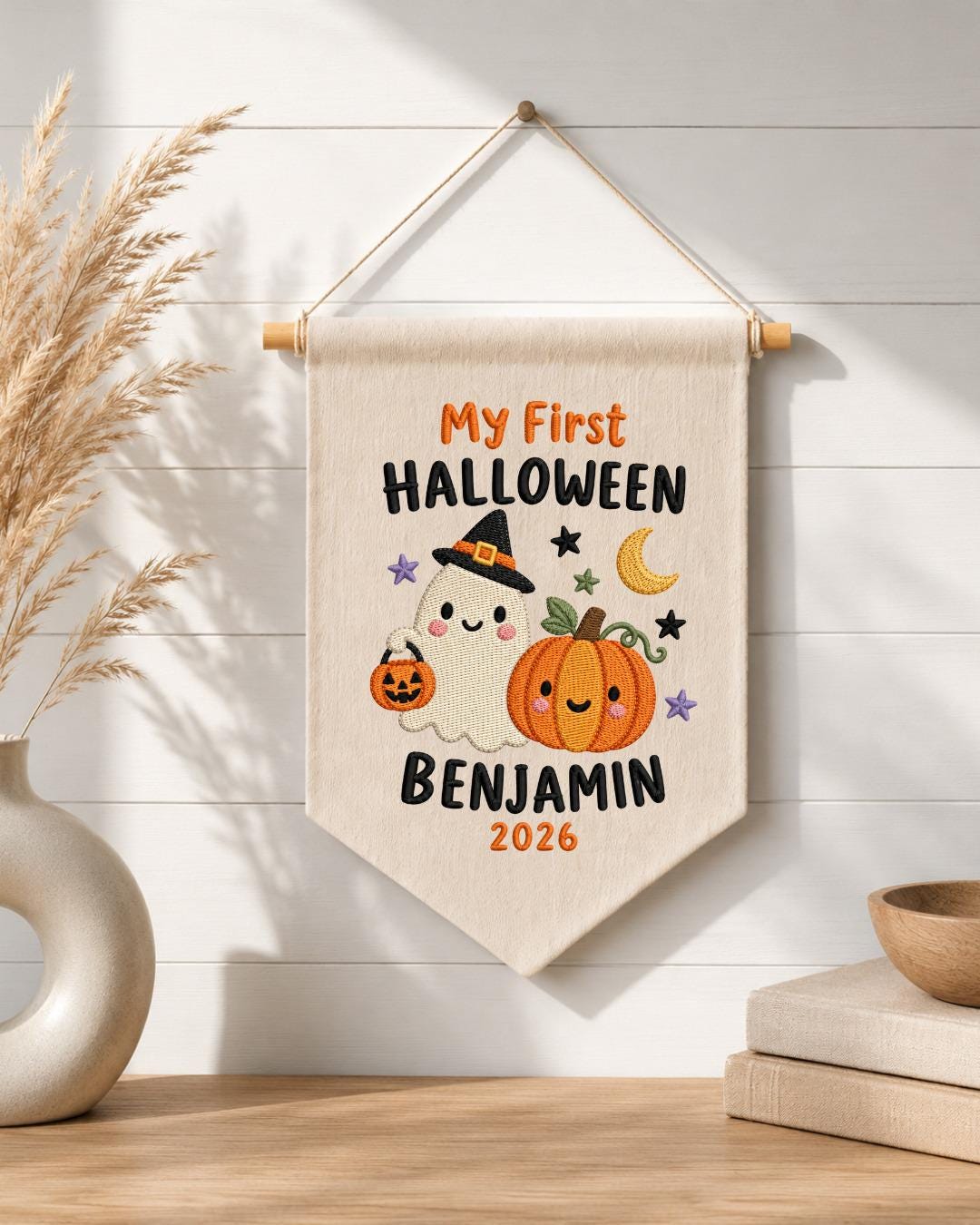 Personalized First Halloween Embroidered Banner, Custom Baby Name Halloween Wall Hanging, Ghost Pumpkin Nursery Decor, Baby Halloween Gift