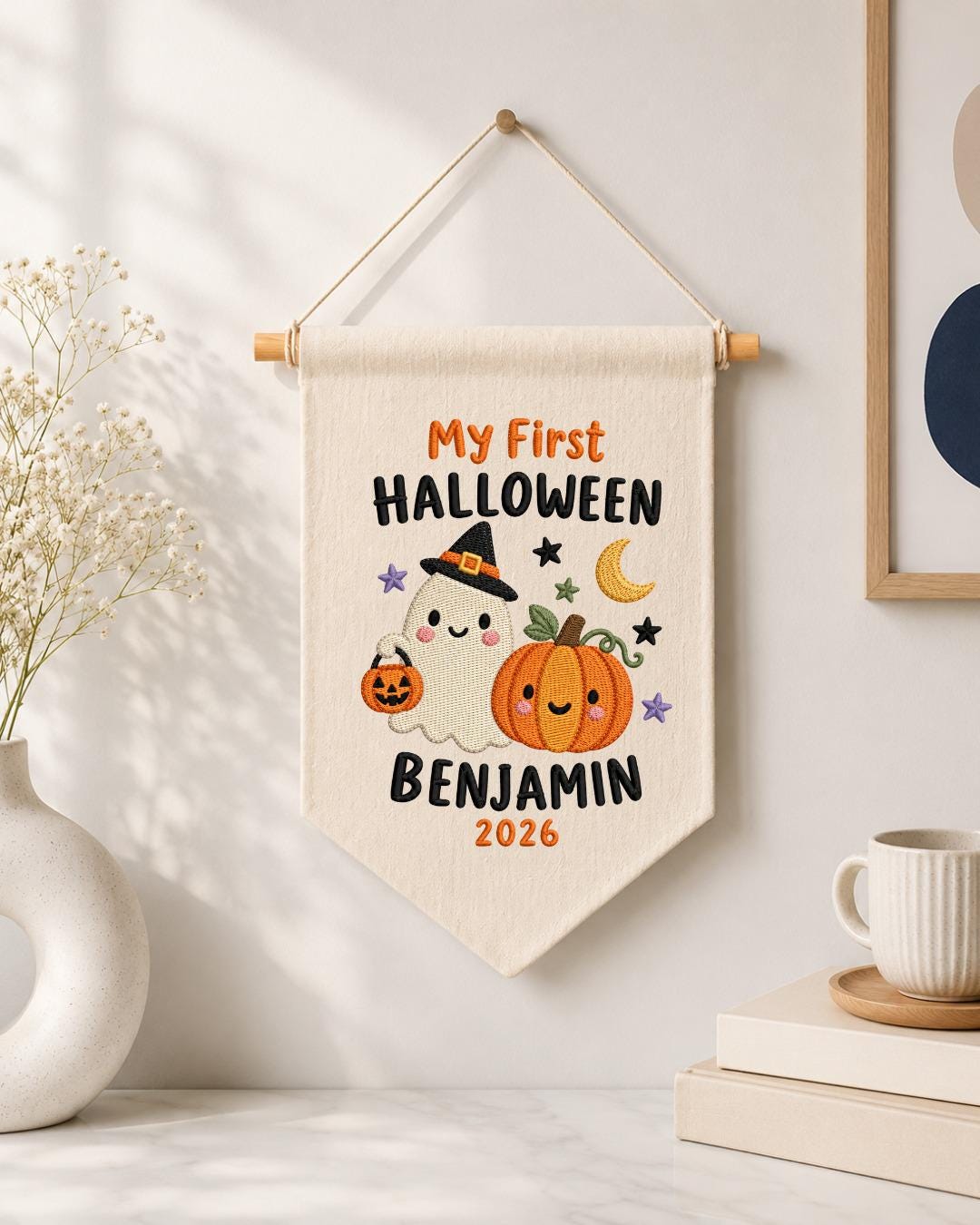 Personalized First Halloween Embroidered Banner, Custom Baby Name Halloween Wall Hanging, Ghost Pumpkin Nursery Decor, Baby Halloween Gift