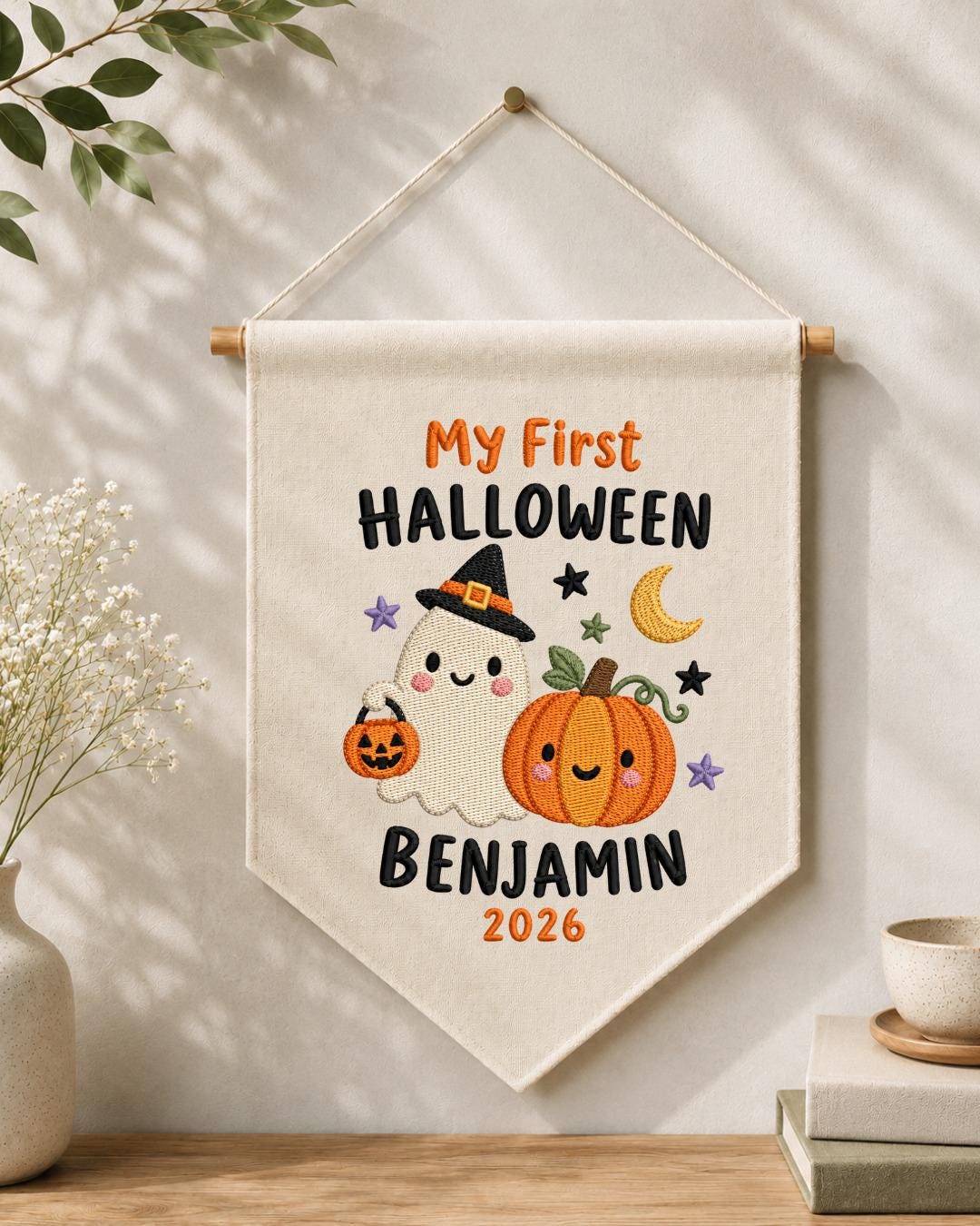 Personalized First Halloween Embroidered Banner, Custom Baby Name Halloween Wall Hanging, Ghost Pumpkin Nursery Decor, Baby Halloween Gift