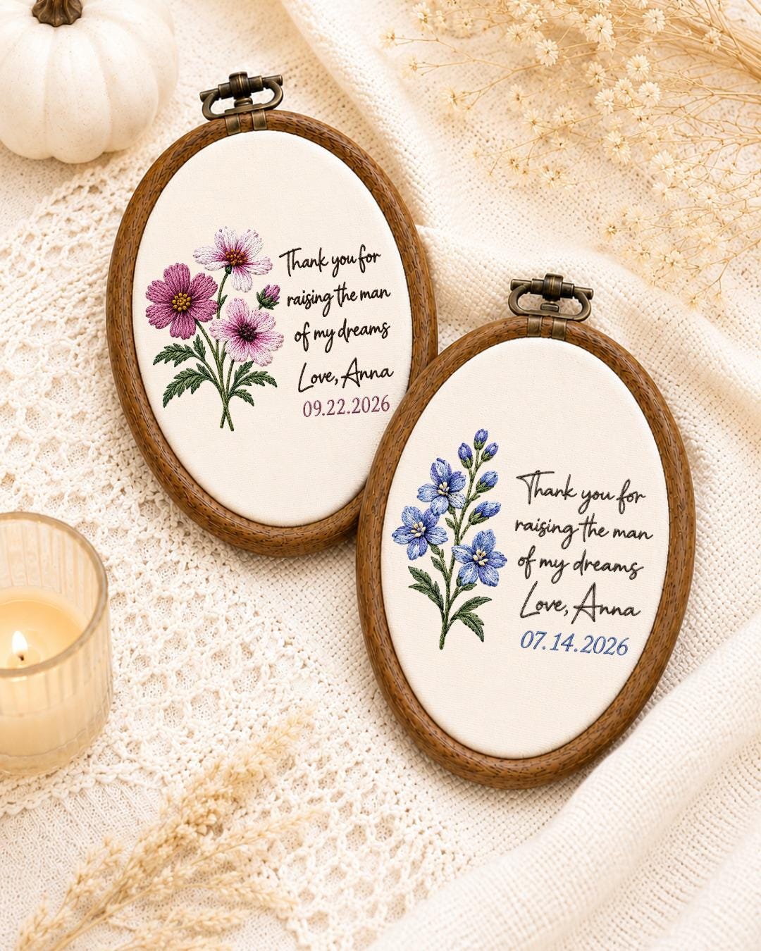 Personalized Mother of Groom Embroidered Ornament, Thank You Wedding Gift, Floral Keepsake Hoop, Wedding Day Gift for Mom