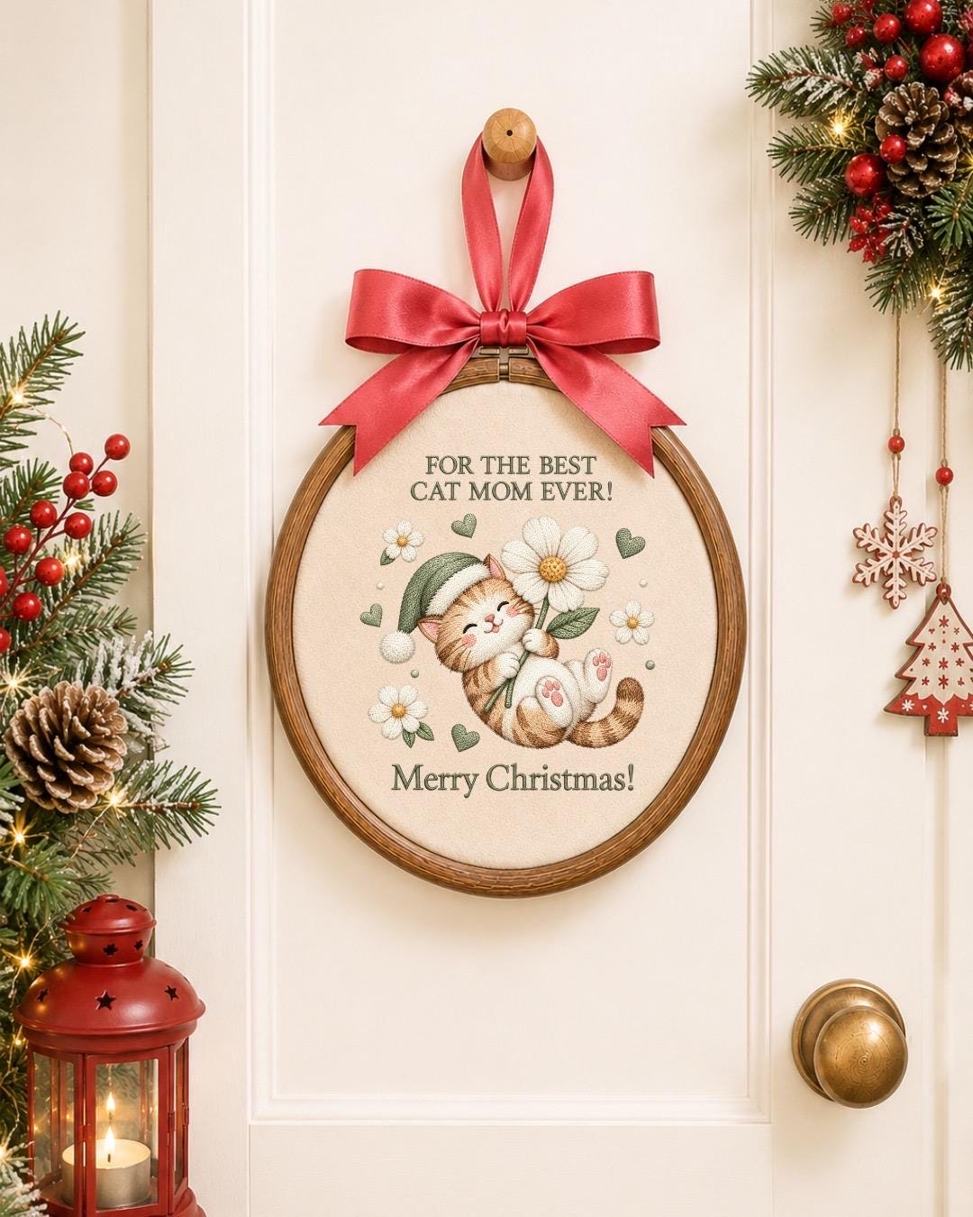Cat Mom Christmas Embroidered Ornament, Cute Cat Lover Christmas Gift, Best Cat Mom Ever Keepsake, Kitty Holiday Decor