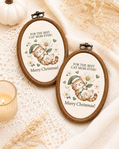 Cat Mom Christmas Embroidered Ornament, Cute Cat Lover Christmas Gift, Best Cat Mom Ever Keepsake, Kitty Holiday Decor