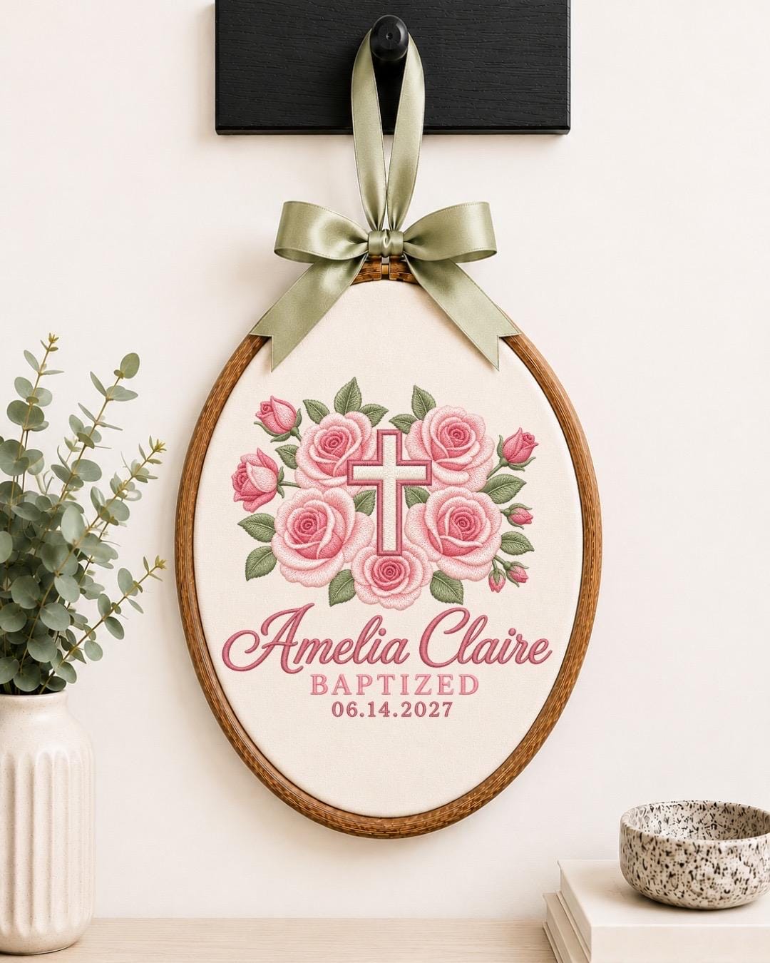 Personalized Baptism Embroidered Ornament, Custom Name Baptized Keepsake, Pink Floral Cross Christening Gift, Baby Girl Baptism Gift