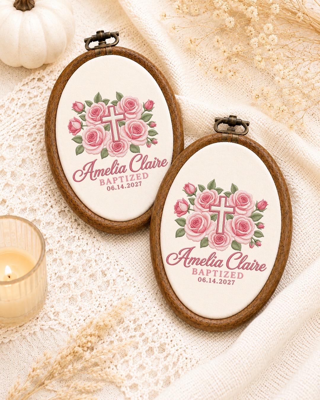 Personalized Baptism Embroidered Ornament, Custom Name Baptized Keepsake, Pink Floral Cross Christening Gift, Baby Girl Baptism Gift