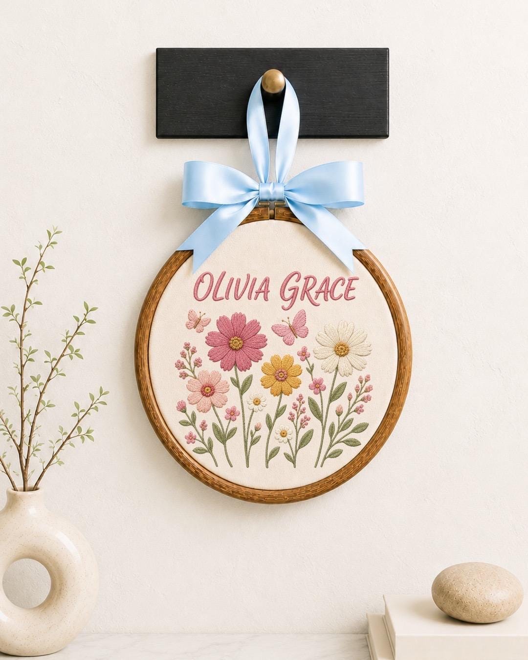 Personalized Baptism Embroidered Ornament, Custom Name Baptized Keepsake, Pink Floral Cross Christening Gift, Baby Girl Baptism Gift