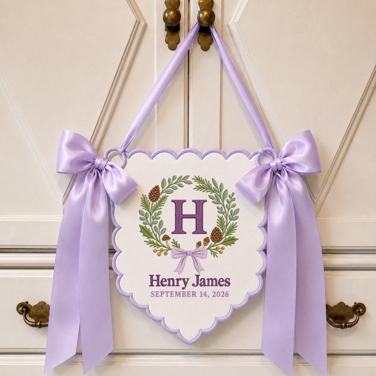 Personalized Woodland Wall Decor Henry James Floral Pine Cone Banner Embroidered Initial H Scalloped Bow Autumn Nursery Keepsake Gift