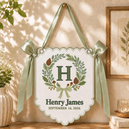 Personalized Woodland Wall Decor Henry James Floral Pine Cone Banner Embroidered Initial H Scalloped Bow Autumn Nursery Keepsake Gift