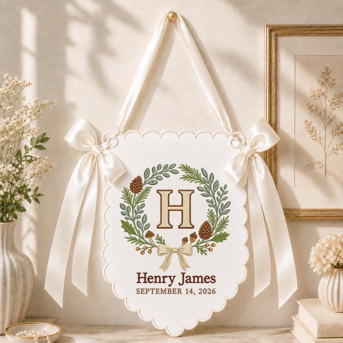 Personalized Woodland Wall Decor Henry James Floral Pine Cone Banner Embroidered Initial H Scalloped Bow Autumn Nursery Keepsake Gift