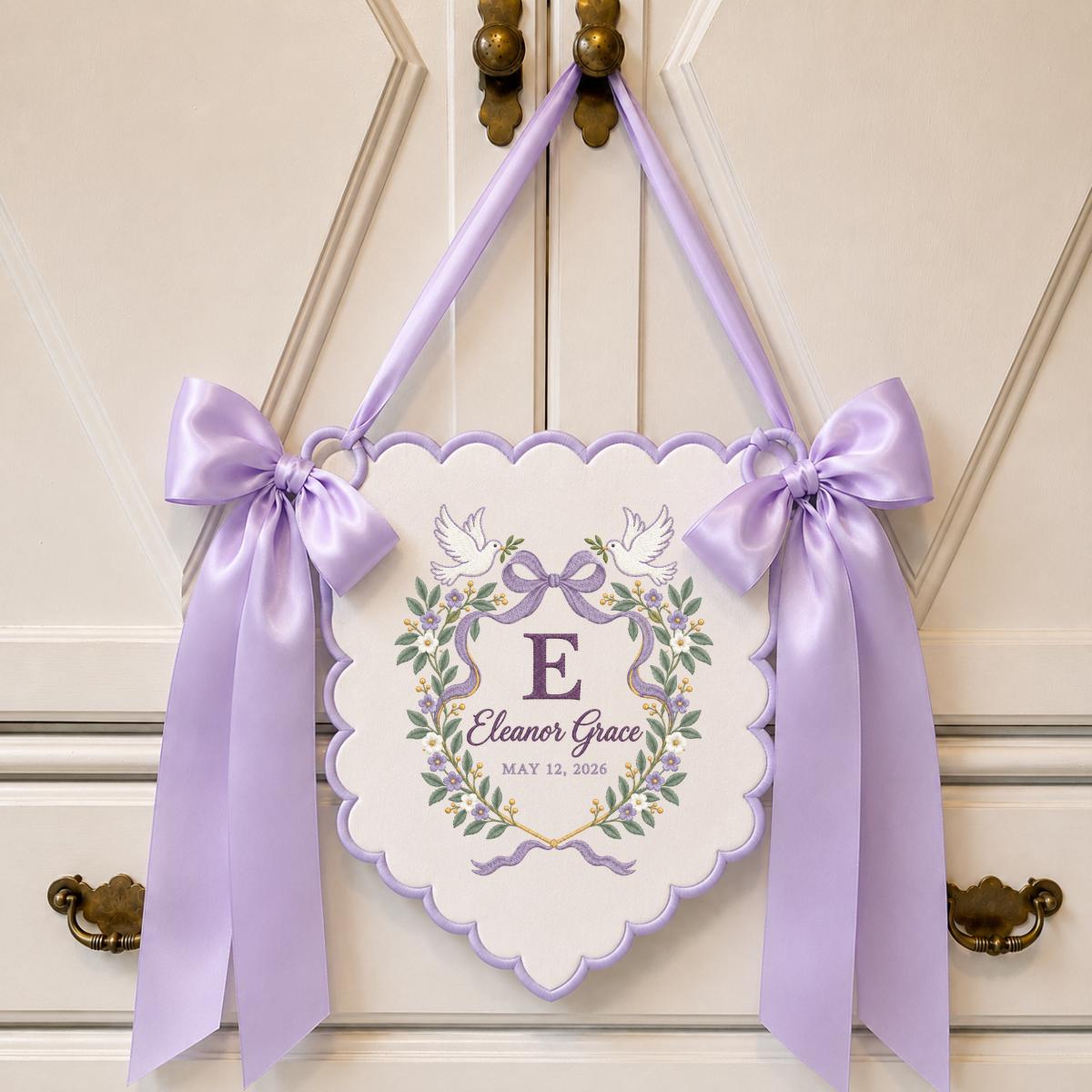 Personalized Love Birds Wall Decor Eleanor Grace Floral Banner Embroidered Initial Pink Bow Wedding Keepsake Gift Celebration