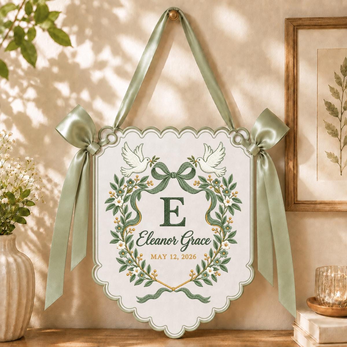 Personalized Love Birds Wall Decor Eleanor Grace Floral Banner Embroidered Initial Pink Bow Wedding Keepsake Gift Celebration