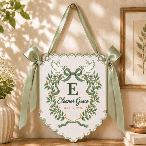 Personalized Love Birds Wall Decor Eleanor Grace Floral Banner Embroidered Initial Pink Bow Wedding Keepsake Gift Celebration