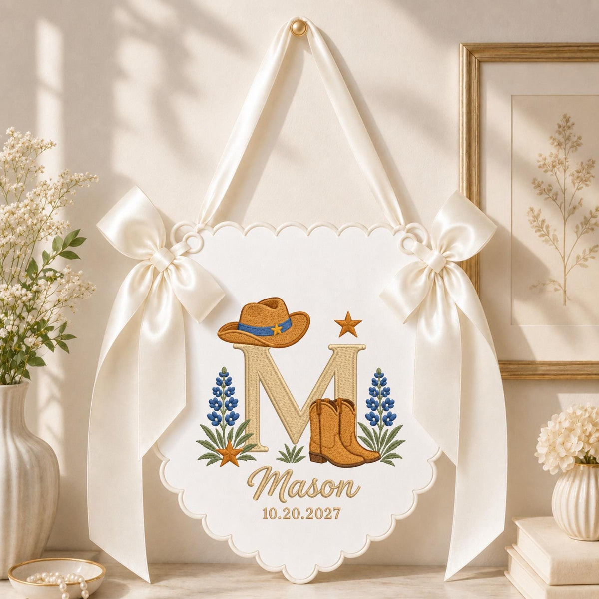 Personalized Cowboy Baby Name Embroidered Banner, Western Nursery Wall Hanging, Custom Monogram Baby Boy Gift, Cowboy Boots Nursery Decor