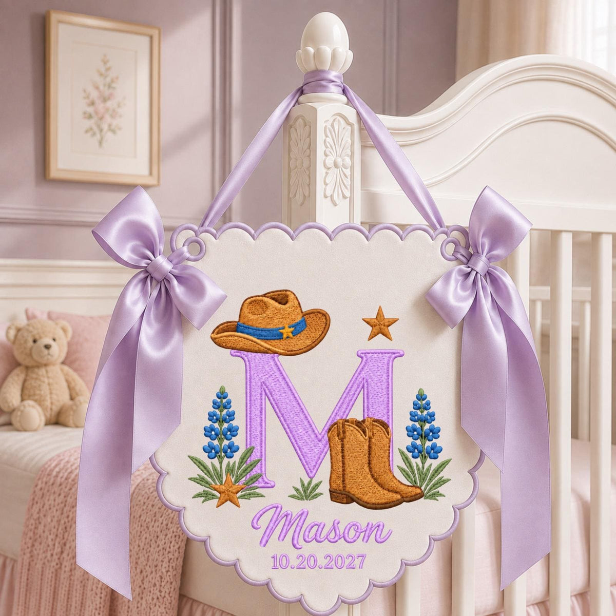 Personalized Cowboy Baby Name Embroidered Banner, Western Nursery Wall Hanging, Custom Monogram Baby Boy Gift, Cowboy Boots Nursery Decor