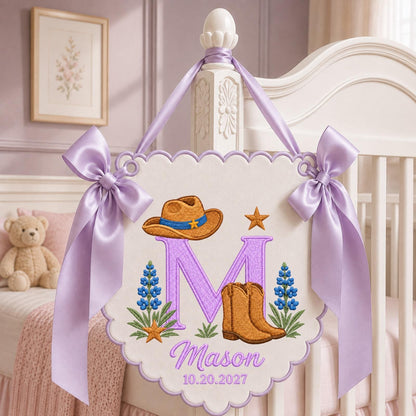 Personalized Cowboy Baby Name Embroidered Banner, Western Nursery Wall Hanging, Custom Monogram Baby Boy Gift, Cowboy Boots Nursery Decor