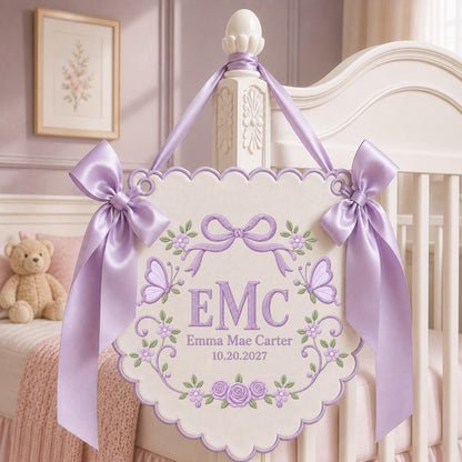 Personalized Butterfly Baby Name Embroidered Banner, Custom Monogram Nursery Wall Hanging, Floral Baby Girl Name Sign, Newborn Gift