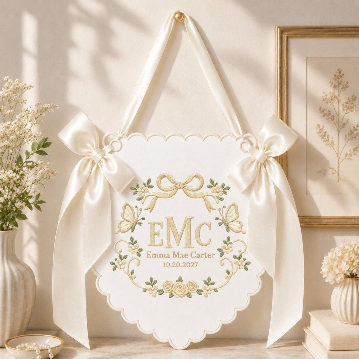 Personalized Butterfly Baby Name Embroidered Banner, Custom Monogram Nursery Wall Hanging, Floral Baby Girl Name Sign, Newborn Gift