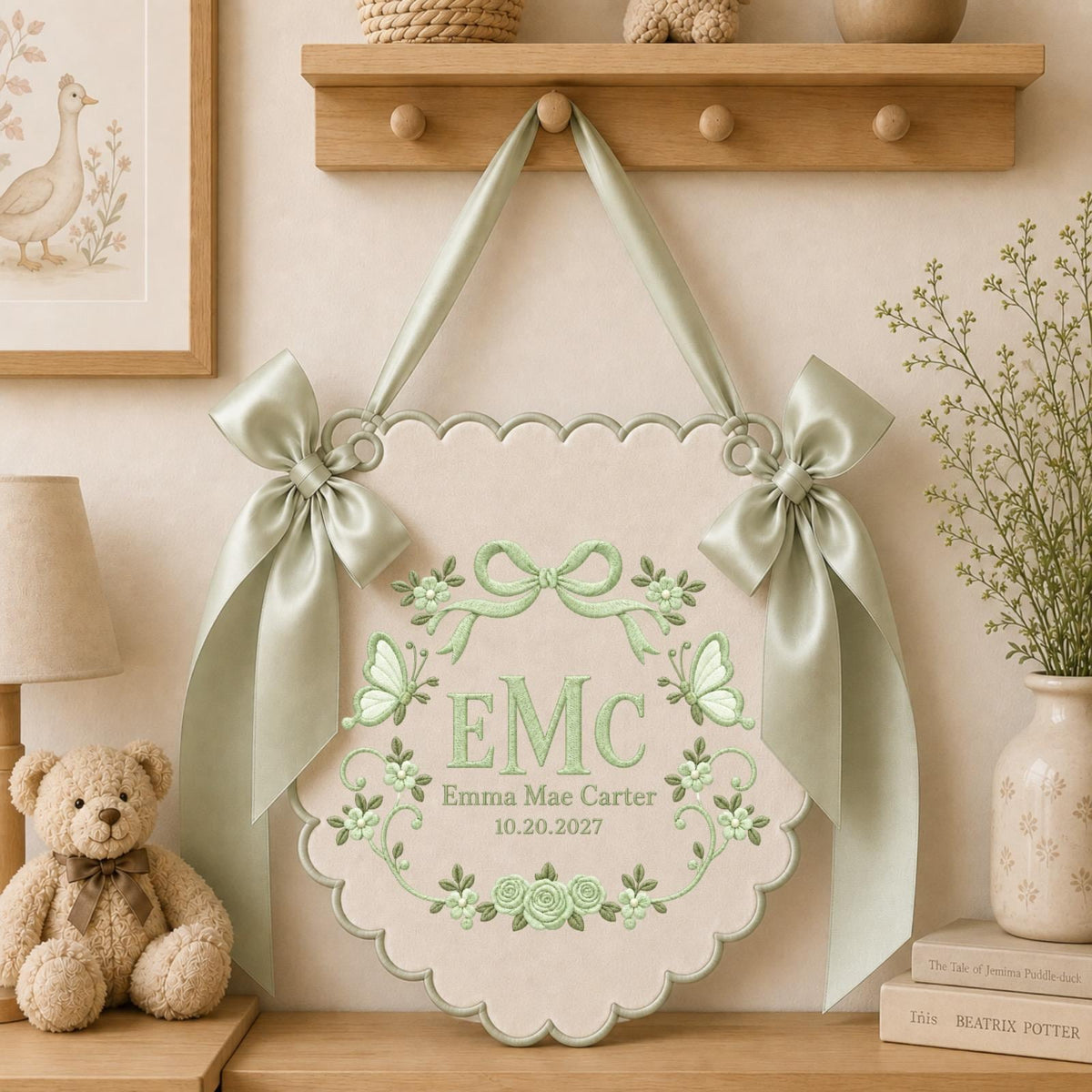 Personalized Butterfly Baby Name Embroidered Banner, Custom Monogram Nursery Wall Hanging, Floral Baby Girl Name Sign, Newborn Gift