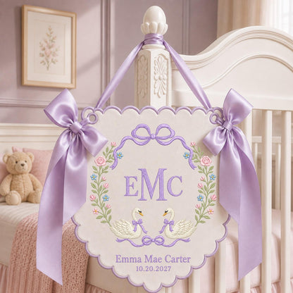 Personalized Swan Baby Name Embroidered Banner, Custom Monogram Nursery Wall Hanging, Floral Baby Girl Name Sign, Baby Shower Gift
