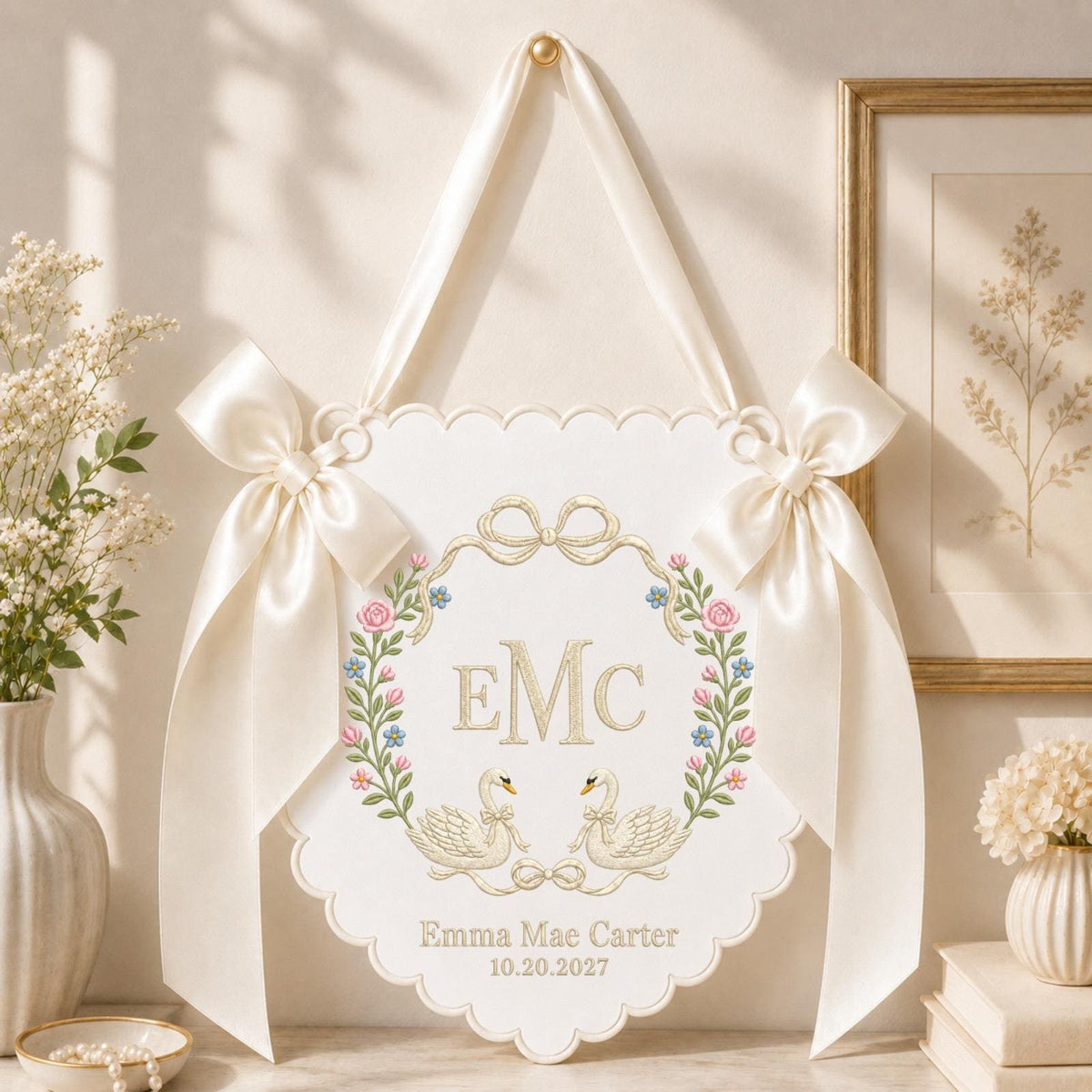 Personalized Swan Baby Name Embroidered Banner, Custom Monogram Nursery Wall Hanging, Floral Baby Girl Name Sign, Baby Shower Gift