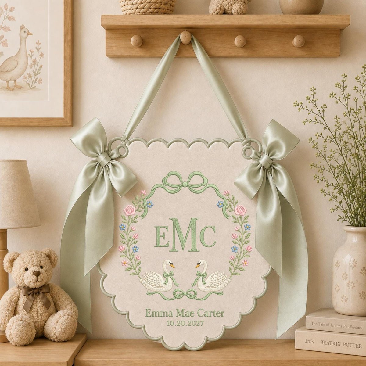 Personalized Swan Baby Name Embroidered Banner, Custom Monogram Nursery Wall Hanging, Floral Baby Girl Name Sign, Baby Shower Gift