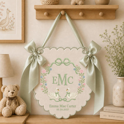 Personalized Swan Baby Name Embroidered Banner, Custom Monogram Nursery Wall Hanging, Floral Baby Girl Name Sign, Baby Shower Gift