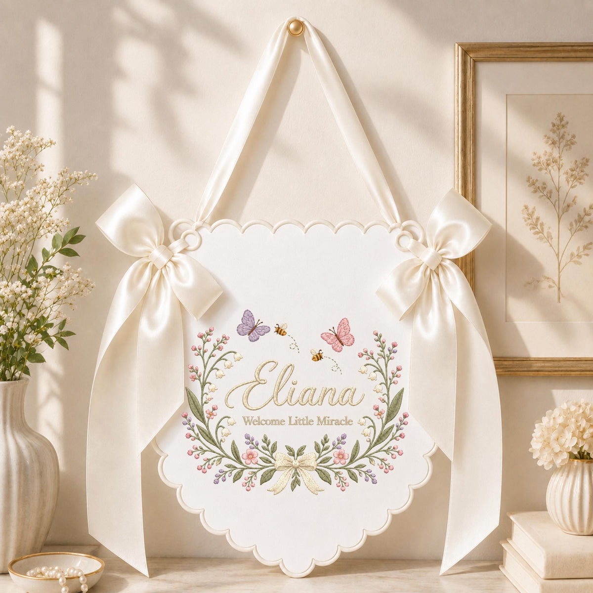 Personalized Wildflower Baby Name Embroidered Banner, Butterfly Nursery Wall Hanging, Custom Floral Name Sign, Newborn Baby Shower Gift