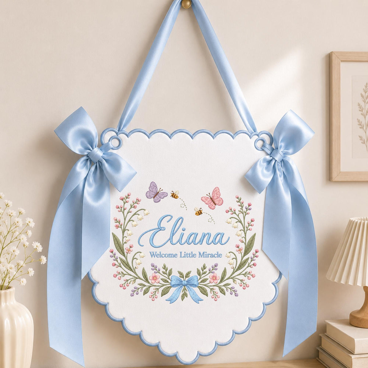 Personalized Wildflower Baby Name Embroidered Banner, Butterfly Nursery Wall Hanging, Custom Floral Name Sign, Newborn Baby Shower Gift
