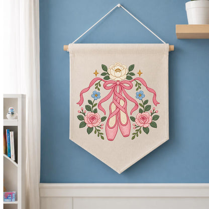 Embroidered Ballet Shoes Wall Hanging Floral Dance Banner Pink Ribbon Pointe Shoe Decor Ballerina Room Art Handmade Gift Keepsake Art