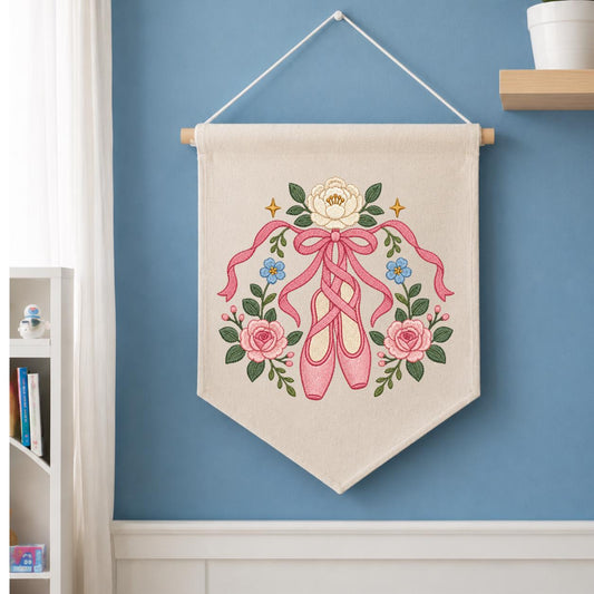 Embroidered Ballet Shoes Wall Hanging Floral Dance Banner Pink Ribbon Pointe Shoe Decor Ballerina Room Art Handmade Gift Keepsake Art