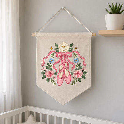 Embroidered Ballet Shoes Wall Hanging Floral Dance Banner Pink Ribbon Pointe Shoe Decor Ballerina Room Art Handmade Gift Keepsake Art