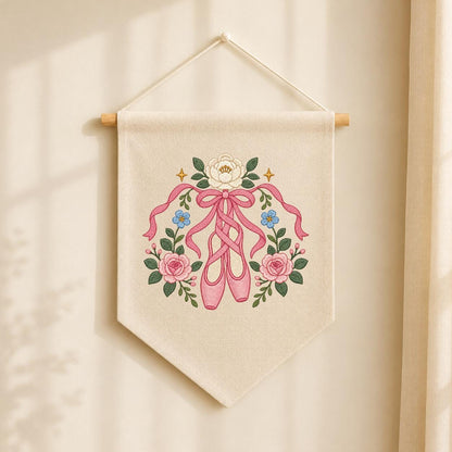 Embroidered Ballet Shoes Wall Hanging Floral Dance Banner Pink Ribbon Pointe Shoe Decor Ballerina Room Art Handmade Gift Keepsake Art