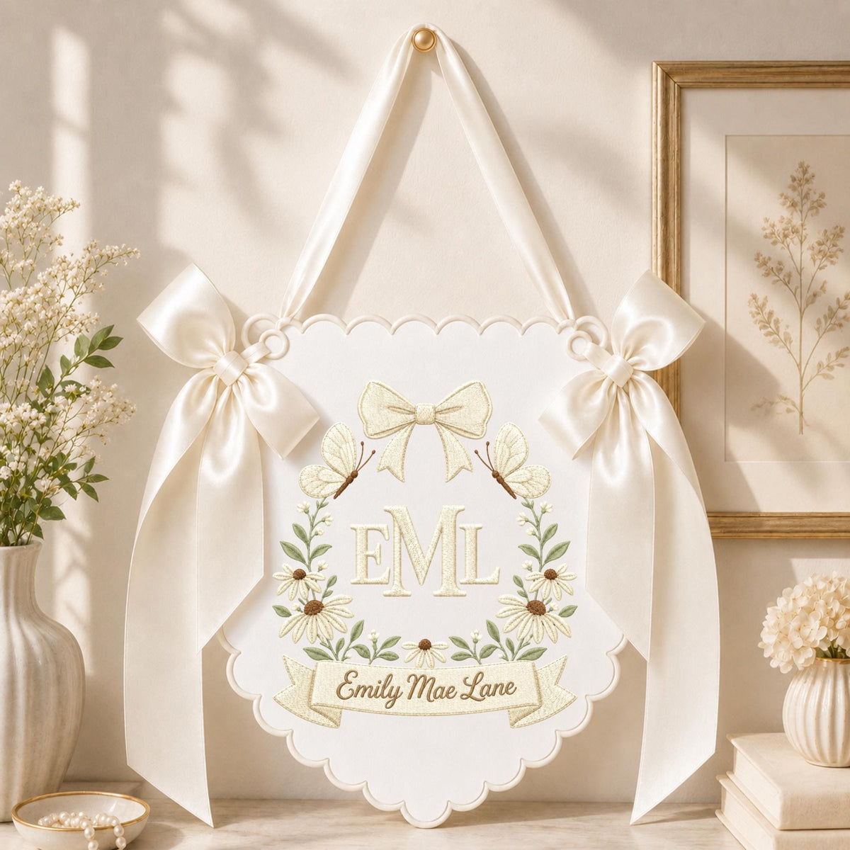 Personalized Butterfly Baby Name Embroidered Banner, Custom Monogram Floral Nursery Wall Hanging, Baby Girl Name Sign, Baby Shower Gift