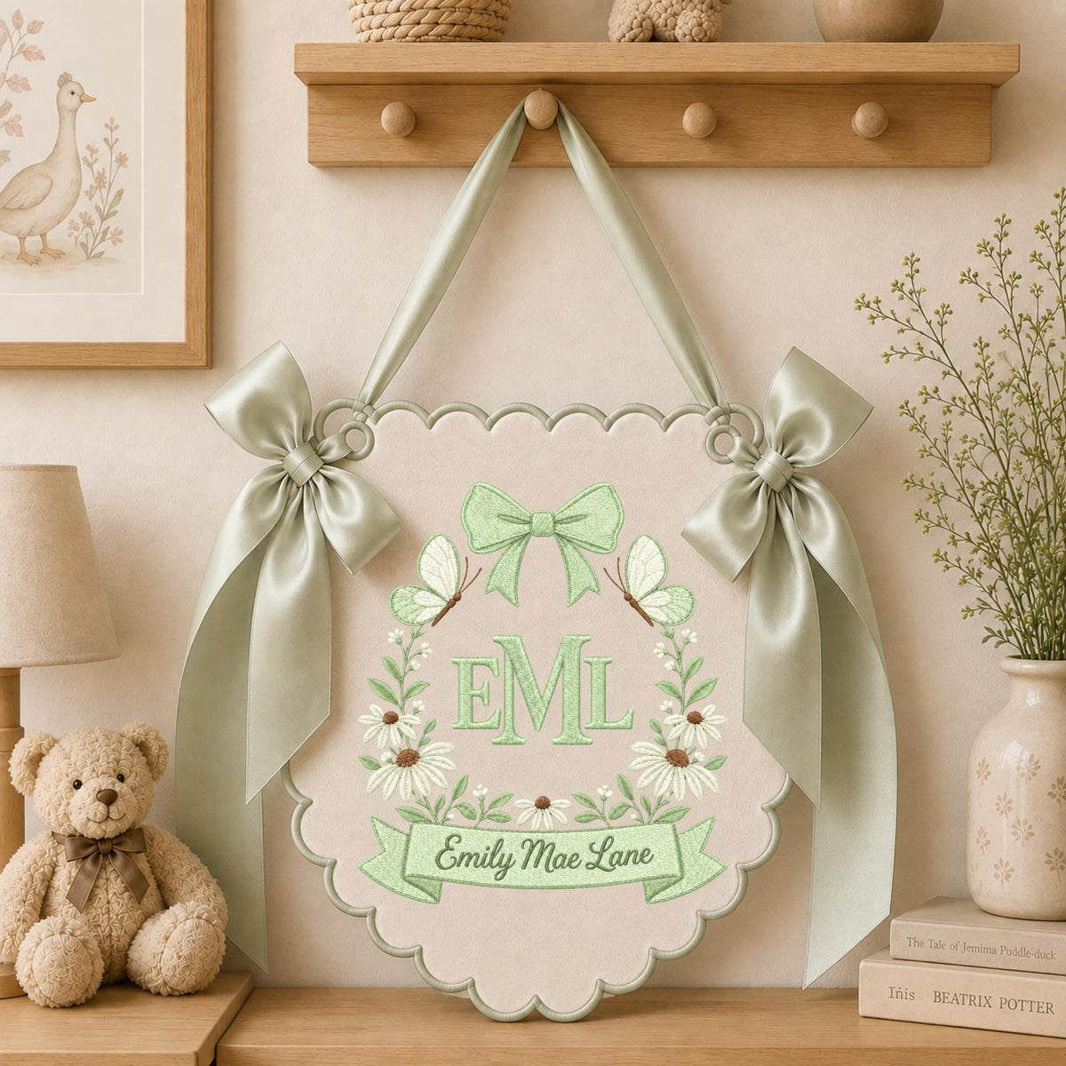 Personalized Butterfly Baby Name Embroidered Banner, Custom Monogram Floral Nursery Wall Hanging, Baby Girl Name Sign, Baby Shower Gift