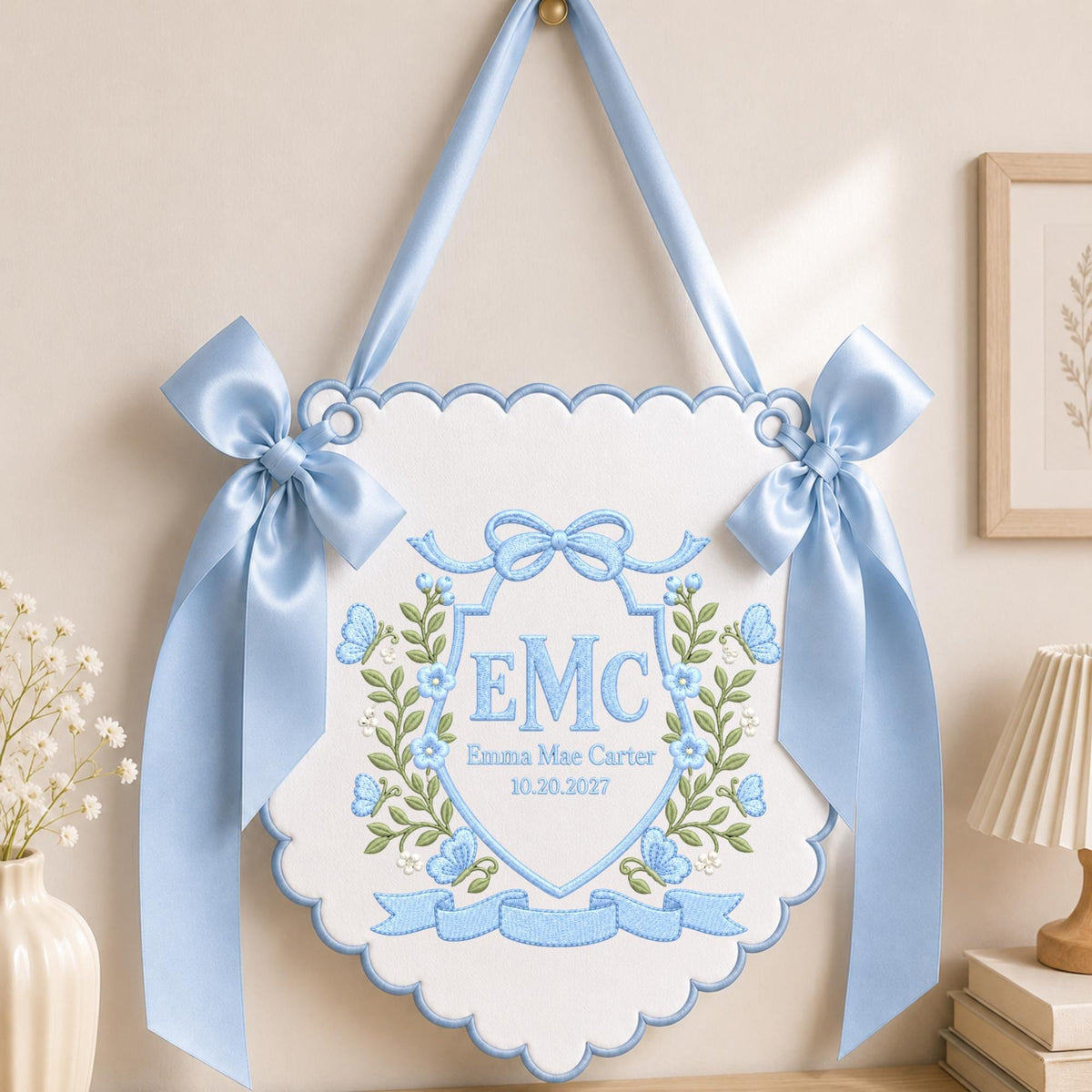 Personalized Butterfly Baby Name Embroidered Banner, Custom Monogram Nursery Wall Hanging, Floral Baby Name Sign, Newborn Baby Shower Gift