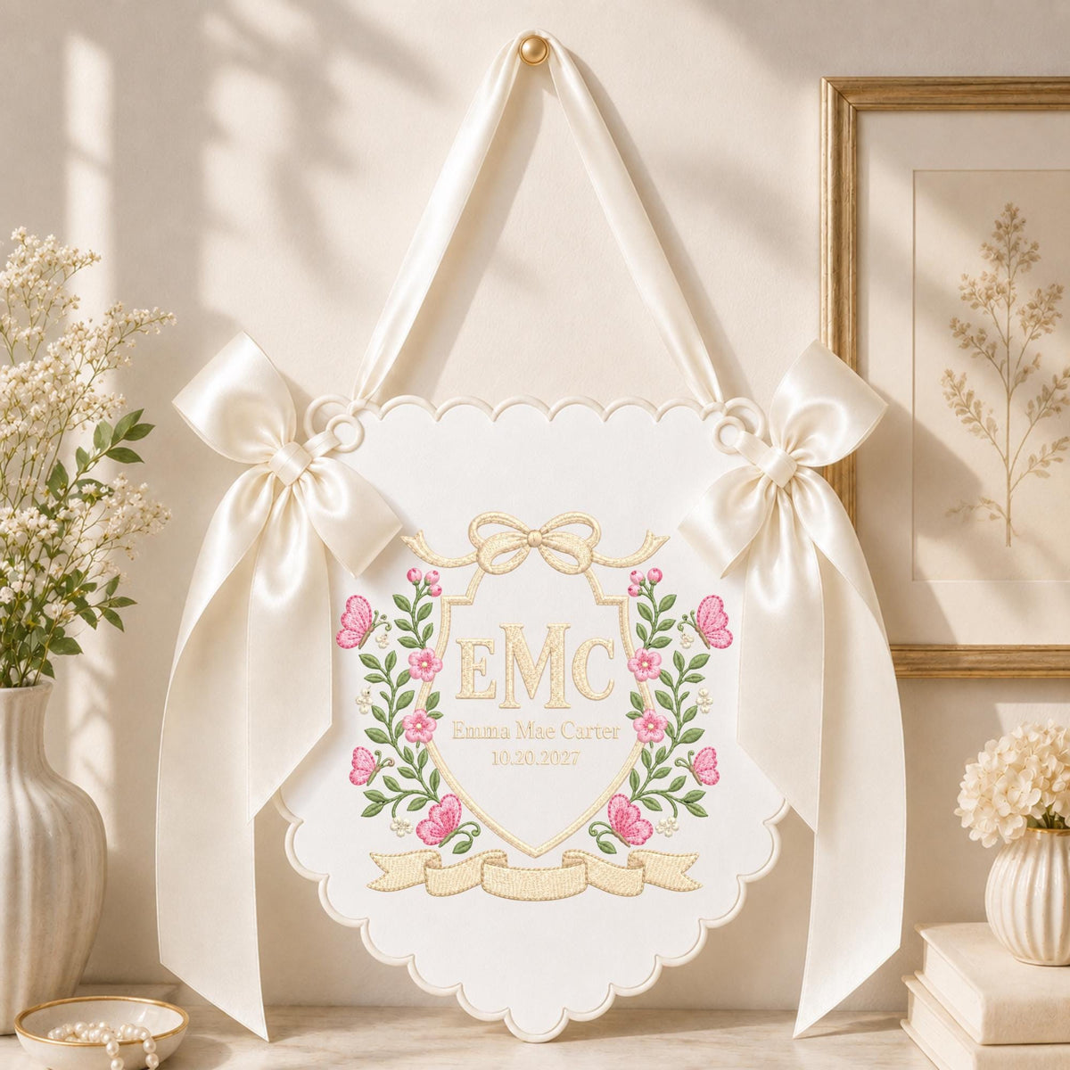Personalized Butterfly Baby Name Embroidered Banner, Custom Monogram Nursery Wall Hanging, Floral Baby Name Sign, Newborn Baby Shower Gift