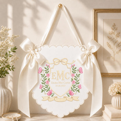 Personalized Butterfly Baby Name Embroidered Banner, Custom Monogram Nursery Wall Hanging, Floral Baby Name Sign, Newborn Baby Shower Gift