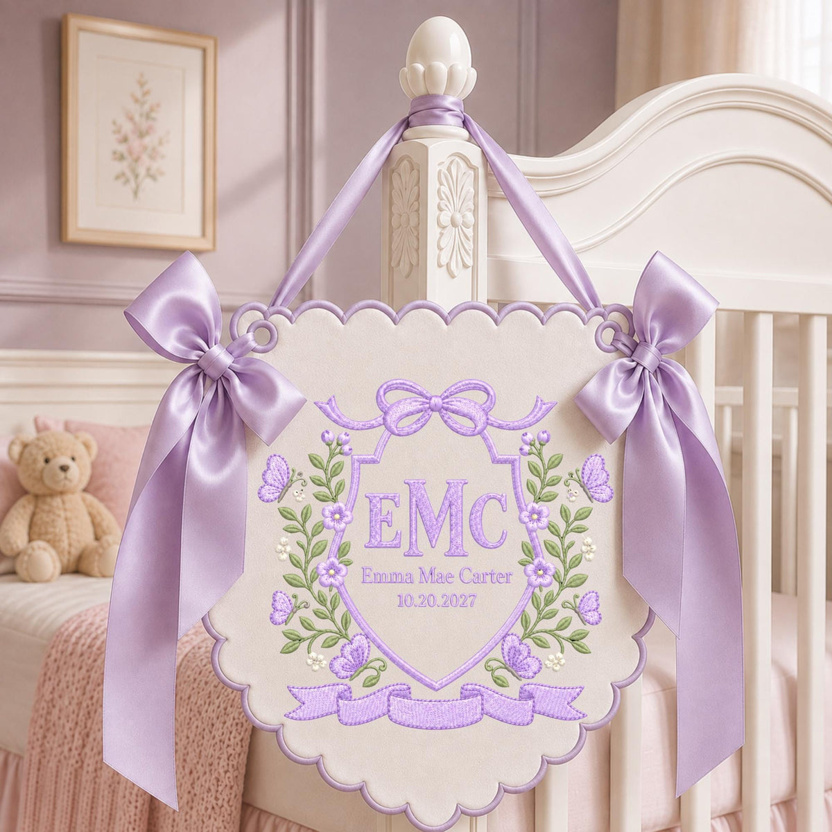 Personalized Butterfly Baby Name Embroidered Banner, Custom Monogram Nursery Wall Hanging, Floral Baby Name Sign, Newborn Baby Shower Gift