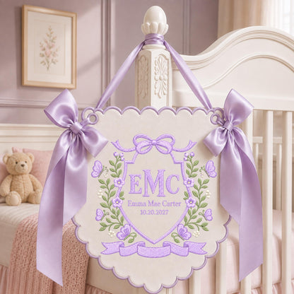 Personalized Butterfly Baby Name Embroidered Banner, Custom Monogram Nursery Wall Hanging, Floral Baby Name Sign, Newborn Baby Shower Gift