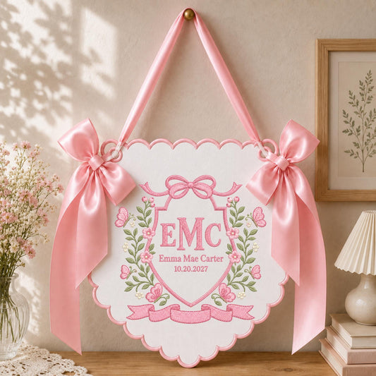 Personalized Butterfly Baby Name Embroidered Banner, Custom Monogram Nursery Wall Hanging, Floral Baby Name Sign, Newborn Baby Shower Gift