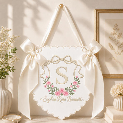 Personalized Floral Monogram Embroidered Banner, Custom Baby Name Nursery Wall Hanging, Initial Name Sign, Baby Girl Shower Gift