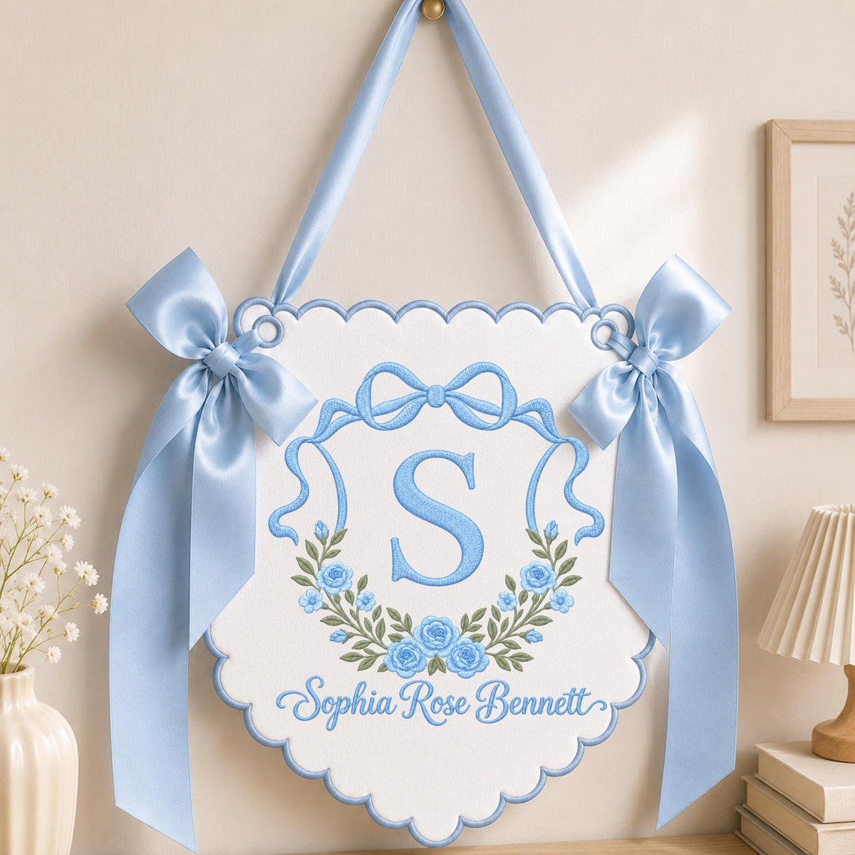 Personalized Floral Monogram Embroidered Banner, Custom Baby Name Nursery Wall Hanging, Initial Name Sign, Baby Girl Shower Gift