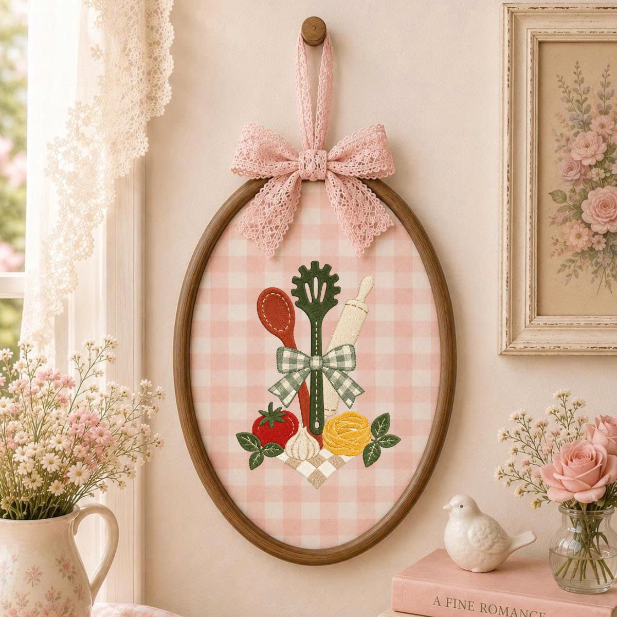 Embroidered Kitchen Utensil Wall Hanging Oval Hoop Decor Cooking Gift Floral Vegetable Kitchen Art Handmade Home Ornament with Bow
