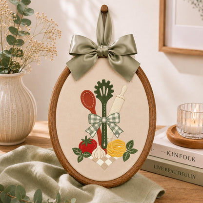 Embroidered Kitchen Utensil Wall Hanging Oval Hoop Decor Cooking Gift Floral Vegetable Kitchen Art Handmade Home Ornament with Bow