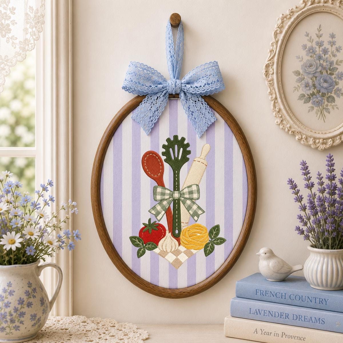 Embroidered Kitchen Utensil Wall Hanging Oval Hoop Decor Cooking Gift Floral Vegetable Kitchen Art Handmade Home Ornament with Bow
