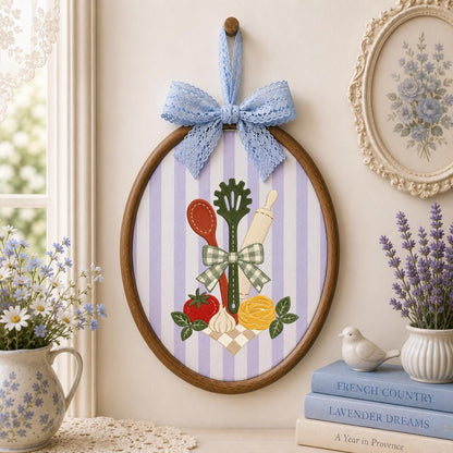 Embroidered Kitchen Utensil Wall Hanging Oval Hoop Decor Cooking Gift Floral Vegetable Kitchen Art Handmade Home Ornament with Bow