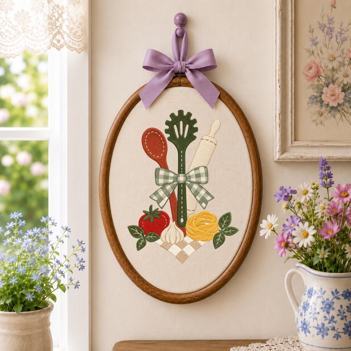Embroidered Kitchen Utensil Wall Hanging Oval Hoop Decor Cooking Gift Floral Vegetable Kitchen Art Handmade Home Ornament with Bow