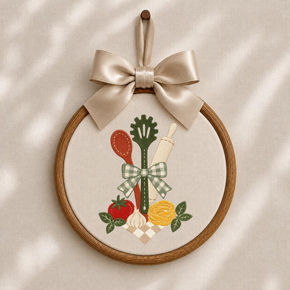 Embroidered Kitchen Utensil Wall Hanging Oval Hoop Decor Cooking Gift Floral Vegetable Kitchen Art Handmade Home Ornament with Bow