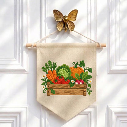 Embroidered Vegetable Garden Wall Hanging Banner Wooden Crate Decor Rustic Kitchen Art Farmhouse Home Gift Harvest Vegetable Ornament