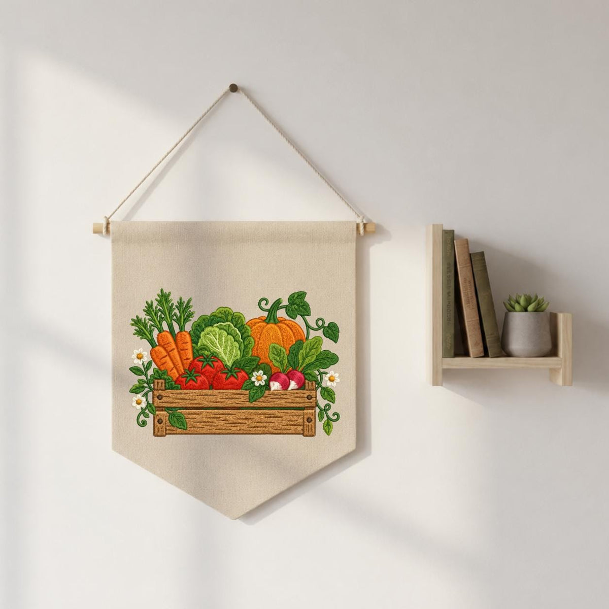 Embroidered Vegetable Garden Wall Hanging Banner Wooden Crate Decor Rustic Kitchen Art Farmhouse Home Gift Harvest Vegetable Ornament