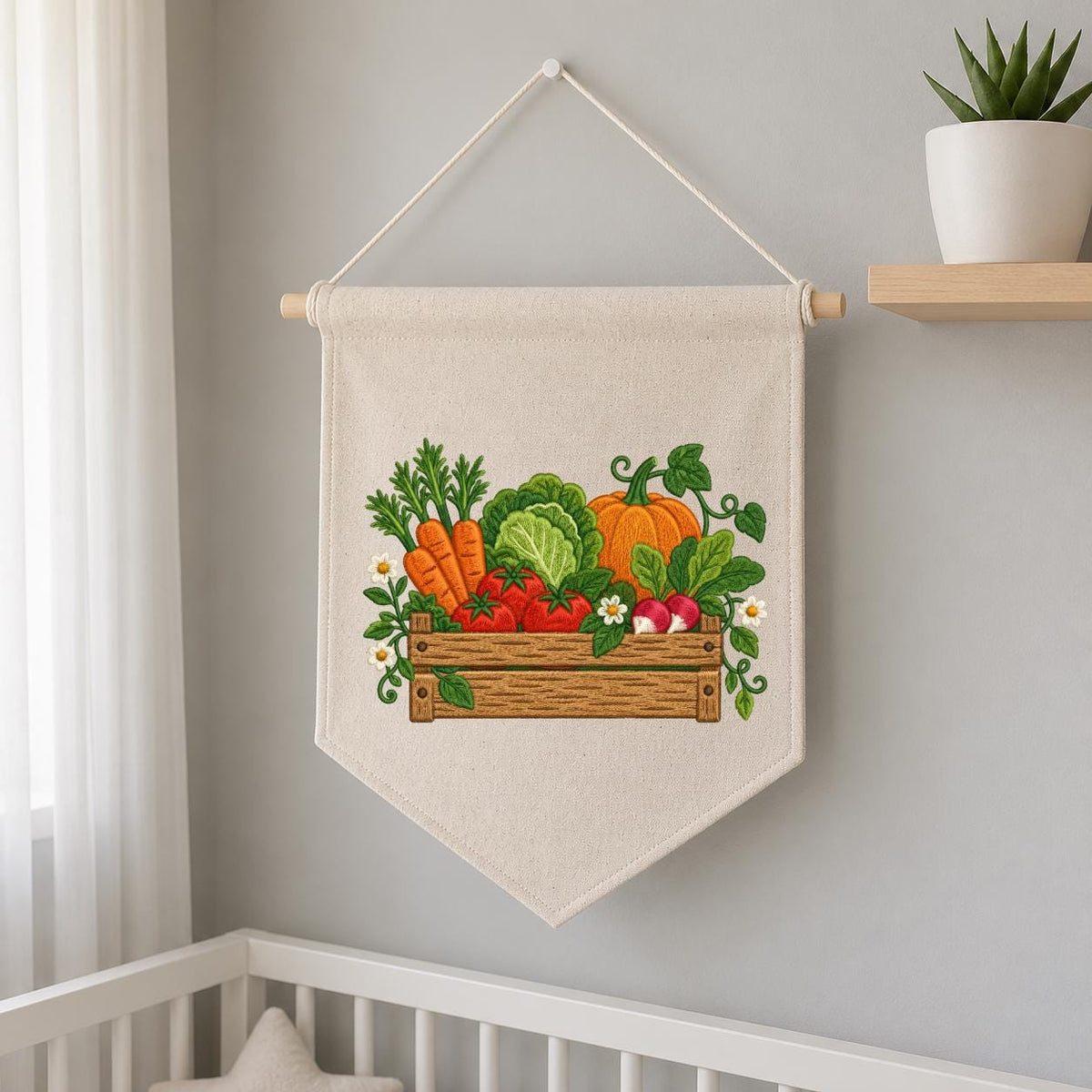 Embroidered Vegetable Garden Wall Hanging Banner Wooden Crate Decor Rustic Kitchen Art Farmhouse Home Gift Harvest Vegetable Ornament